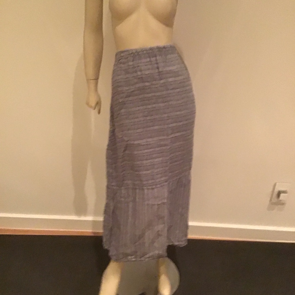 FLAX Designs 100% Linen Blue White Striped Midi Pull On Skirt M Lagenlook